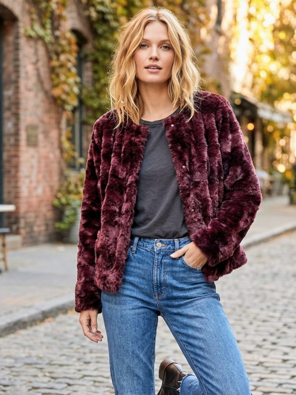 Sanctuary Women's Plush Burgundy Faux-Fur Sweater